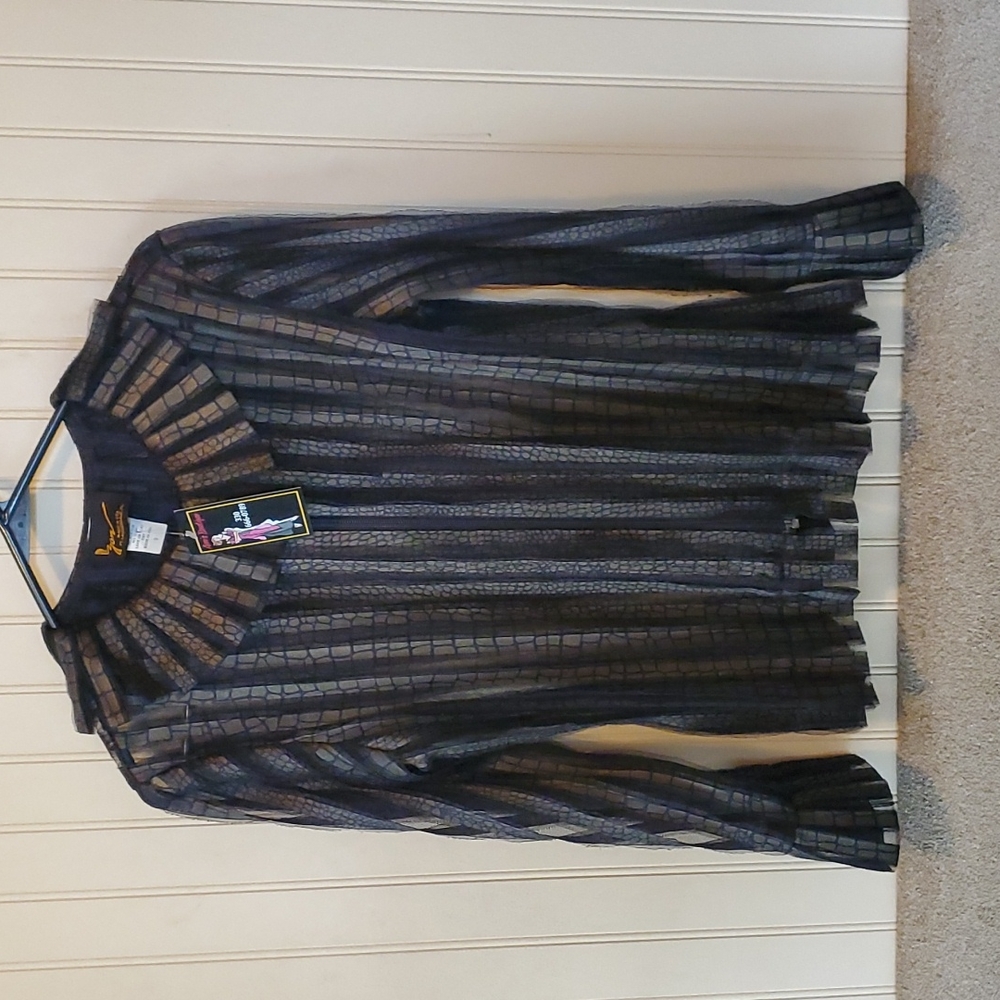 NWT Yon boutique blouse small black gold shimmer zip front fringe